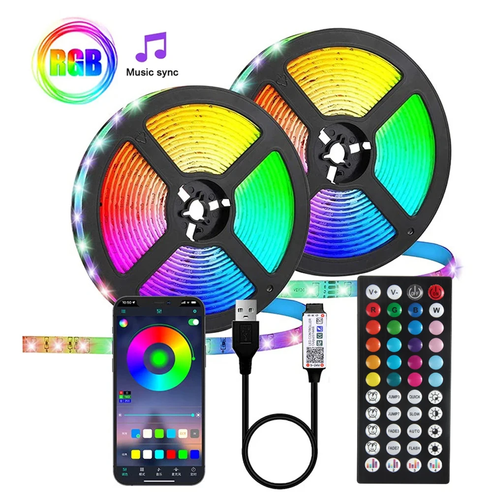 

Rgb 5 Volt Tape 5M Ice String Led Strip Lights Bluetooth 44keys Infrared Control Music Sync Color Changing Lamp for Home Decor