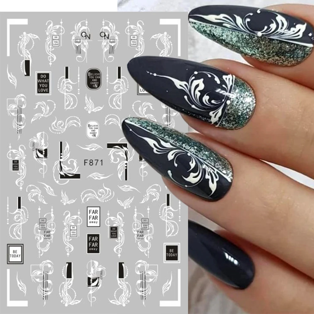 White Lace Nail Art Sticker Wedding Bride Nail Design Black Leaf Plants Geometry Slider Ink Flowers Butterfly Decal Wrap GLF871