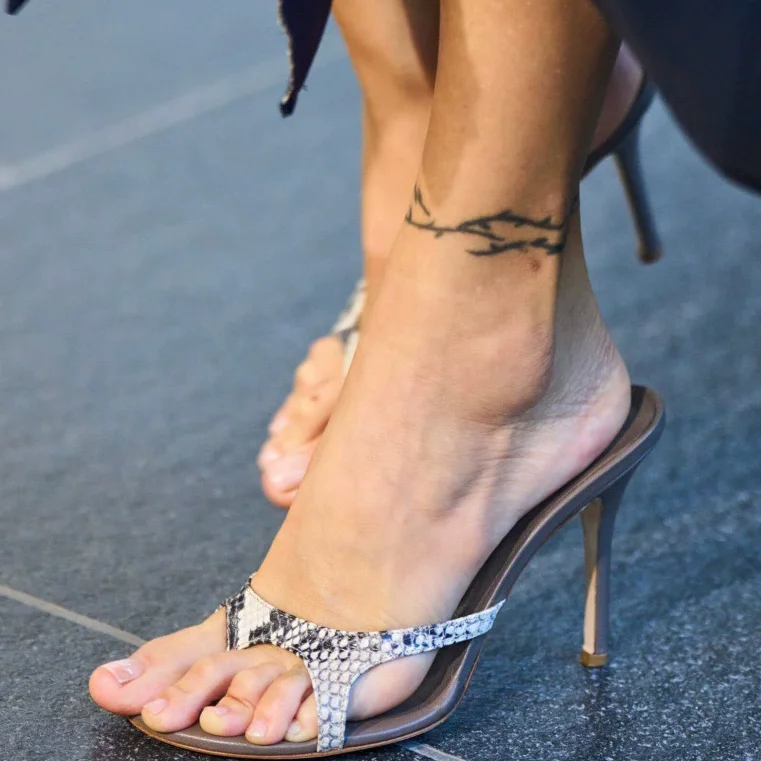 Summer New Pink Suede Snake Pattern Patchwork High Heel Mules Women Sexy Stiletts Heel Slip On Beach Dress Flip Flops Slippers
