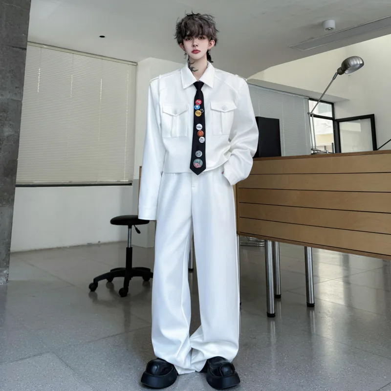 WVGA Spring Autumn New Men Tide Lapel Tie Decorated Trendy Short Coat Niche Chic Casual Straight Pants Two Pieces Set Ins W17779