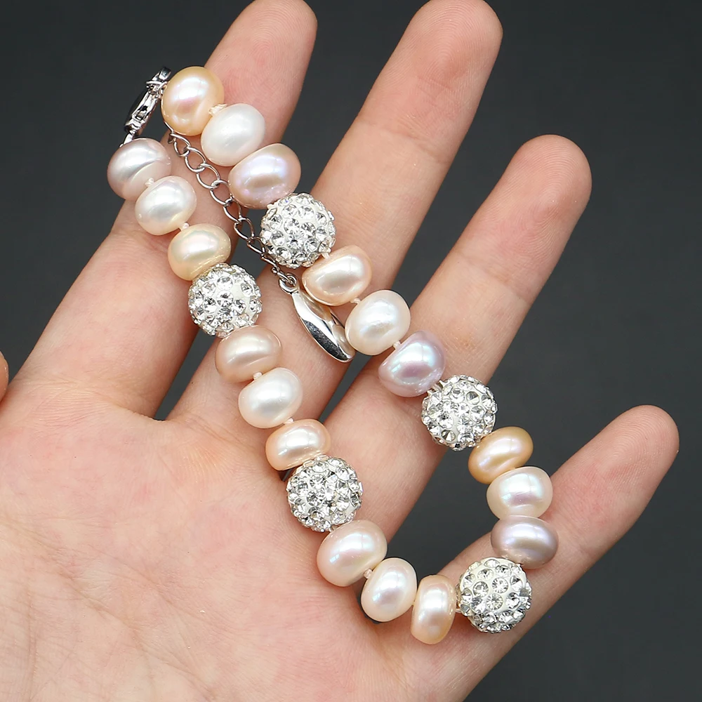 

High-end Designed Rose Inlaid Glass Crystal Pearl Bracelet Fashionable Versatile Flat Beaded Strings 18cm Jewelry Accessory
