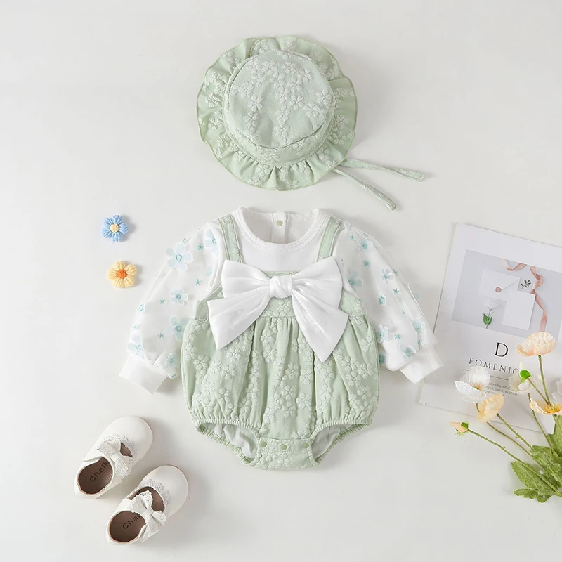 2 pieces Set summer New girl Dress Set +hat Long sleeved sweet bow flower Soft Baby dress Cotton newborn Sling Cute Baby dress