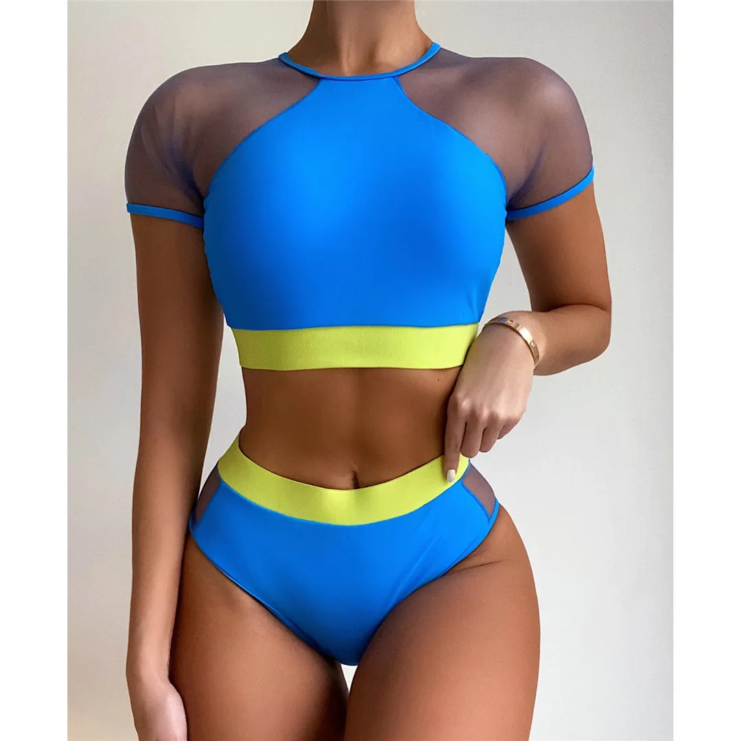 Kurzarm-Badeanzug mit Mesh-Einsätzen, Damen-Bikini mit hoher Taille, zweiteiliger Bikini-Set, Badebekleidung, Badeanzug, Modell V2871. – Detail 18
