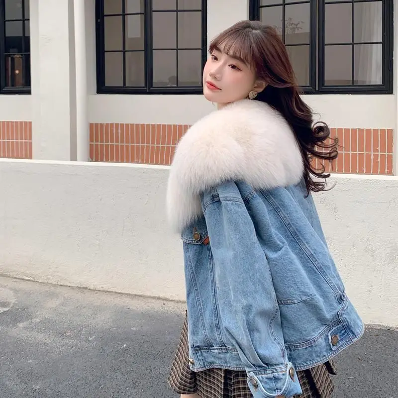 

Denim Coats Woman Oversize Fur Plush Womens Autumn Loose Fit Minimalist Grunge College Classroom Lined Quilted Snap Button Daily