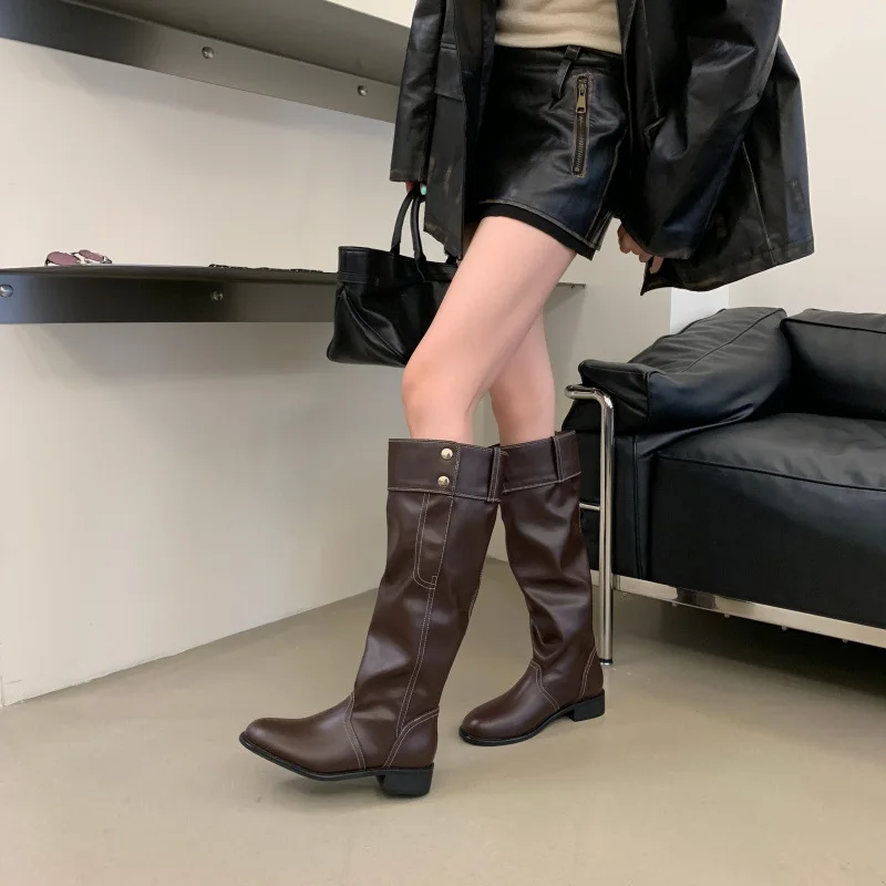 Purcoral 2026 Women Knee High Boots Square Toe Turn‑Down Cuff Metal Buttons Heel PU Leather Ladies Fall Winter Long Boots view 5