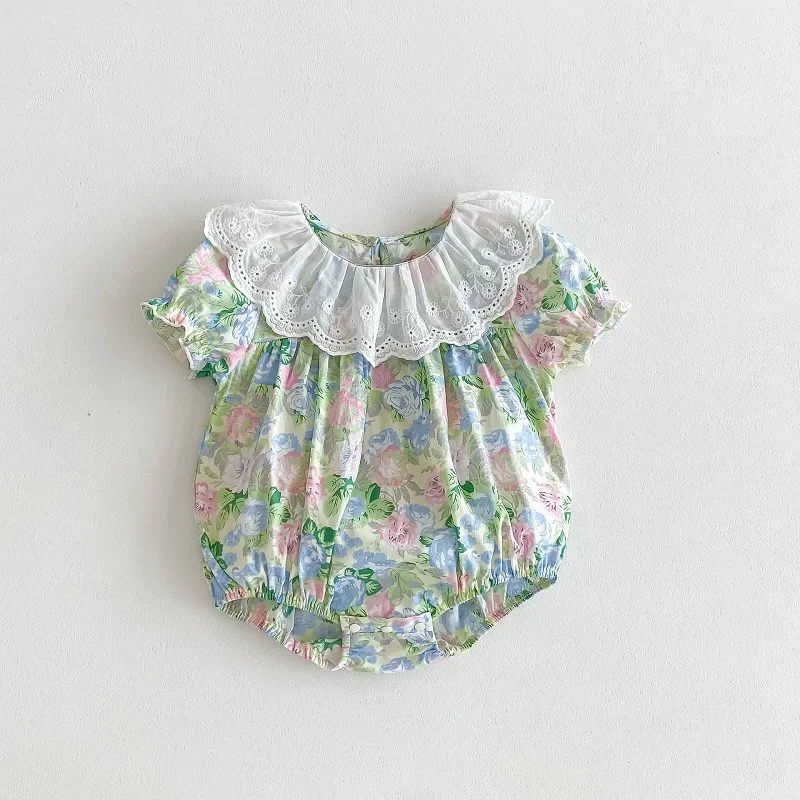 Princess Baby Girl Flower Romper 0-2Years Newborn Girls Short Sleeve Lace Collar Cotton Bodysuit One-Pieces Summer Clothes