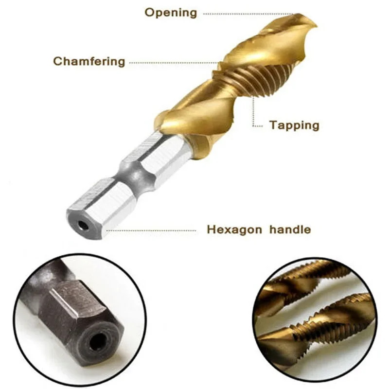 6pcs Hexagonal High-Speed Steel Drill Bits Steel Thread Metric Tap Chamfer Drill Bit Shank Titanium Plated Composite Tap Screw