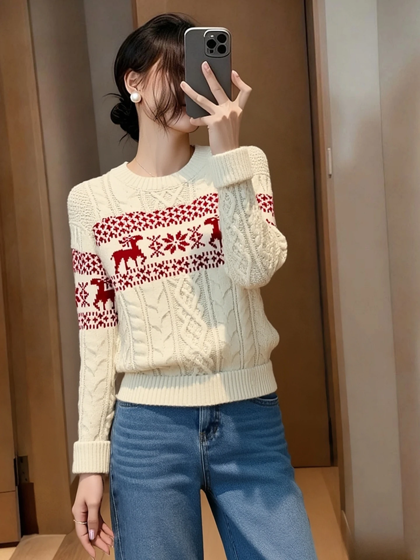 

Cisas Deer Pattern Knitted Sweater Women's round Ne Pullover Warm Thermal Loose Fit Korean Sle Winter Faion Top