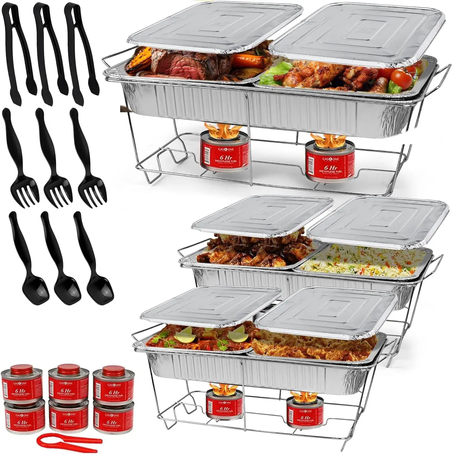 Large 33-Pcs Disposable Chaffing Buffet with-Covers, Utensils, 6Hr Fuel Cans – Premium Chafing Dish Set for Events