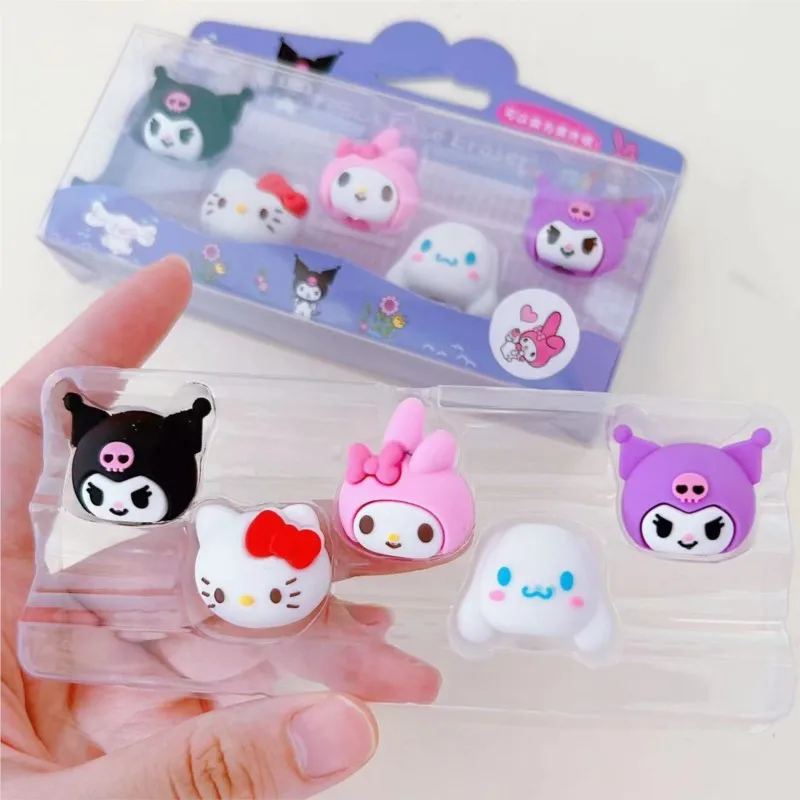 Sanrio destacável 3D Lápis Eraser, Cinnamoroll Melody Kuromi, Fun School Supply, Estudantes Papelaria Presentes, 5pcs por conjunto