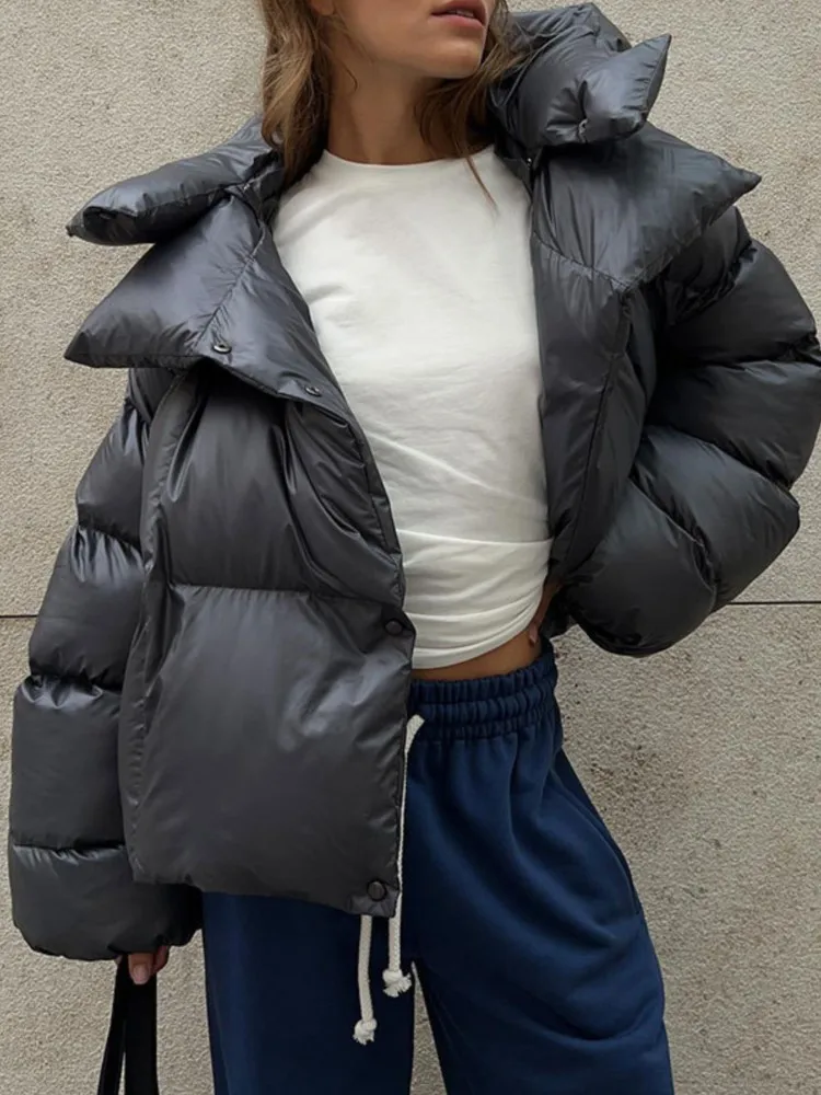 Winter Trend Personality Street Short Hooded Cotton Jacket Women's Loose Casual Bread Suit Solid Color Commuting Cotton Suit
