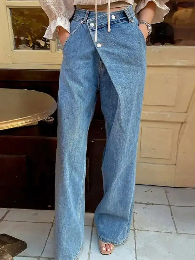 

Джинсовые брюки нестандартного дизайна для женщин, синие джинсы с высокой талией, универсальные модные брюки, модная осенняя новинка