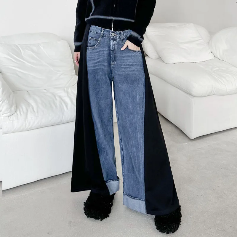 

Jeans Women Wide Leg Pants Vintage Patchwork High Waist Pockets Washed Distressed Denims 2025 Female Streetwear Loose Trousers