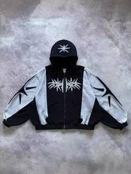 Y2K Embroidered Design Loose Zipper Men's Hoodie Geometric Pattern  Women's Sportswear Gothic Street Wear Extra Large Casual Men