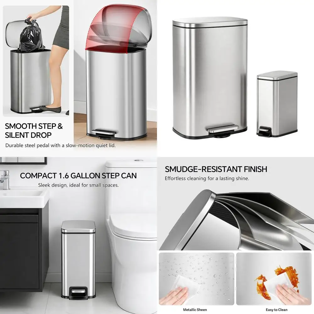 

50L Step-On Stainless Steel Trash Can with Lid and 6L Kitchen Waste Bin Combo Set for Home & Office