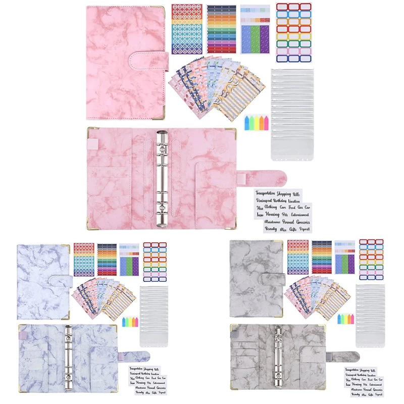 A6 Binder Notebook, Marble Ring Binder With Clear Plastic Binder Covers, Budget Sheets, Label Stickers, Binder Bag