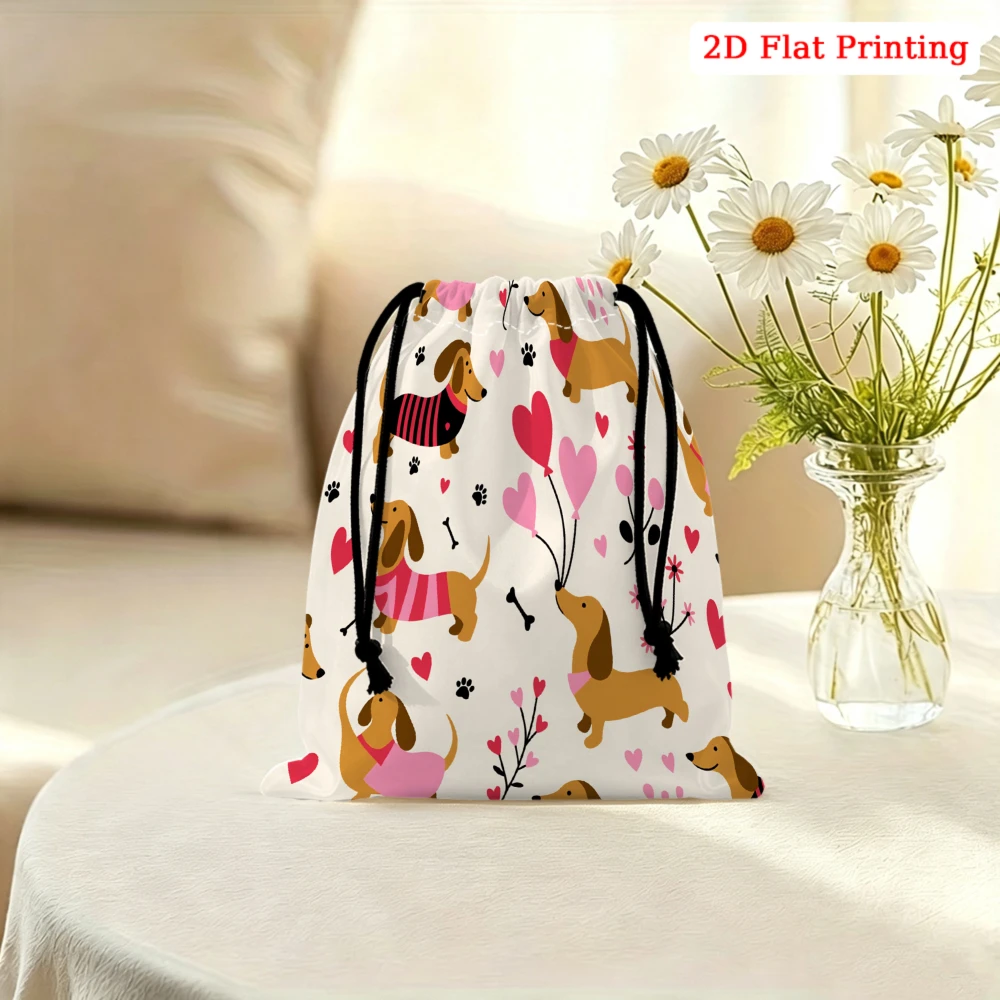 1pc Cartoon Dachshund Dog Print Drawstring Bag White Heart Pattern Storage Small Pouch For Travel Cosmetics Glasses Organizer Po
