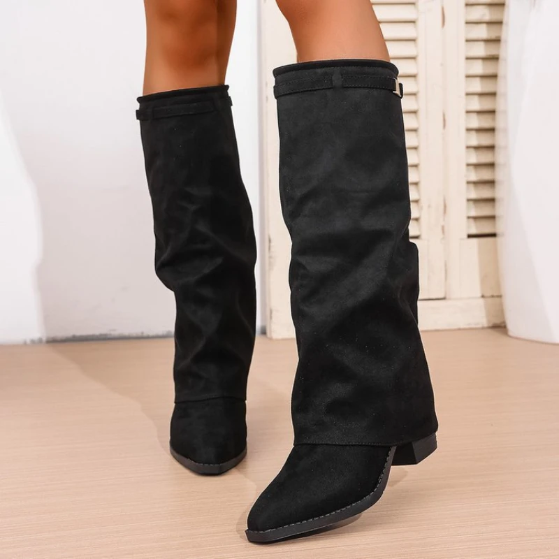 Women's Plus-size Pointed-toe Thigh-high Trousers Boots with Pleats Chunky Heels Slip-on High-heeled Versatile Fashion Boots
