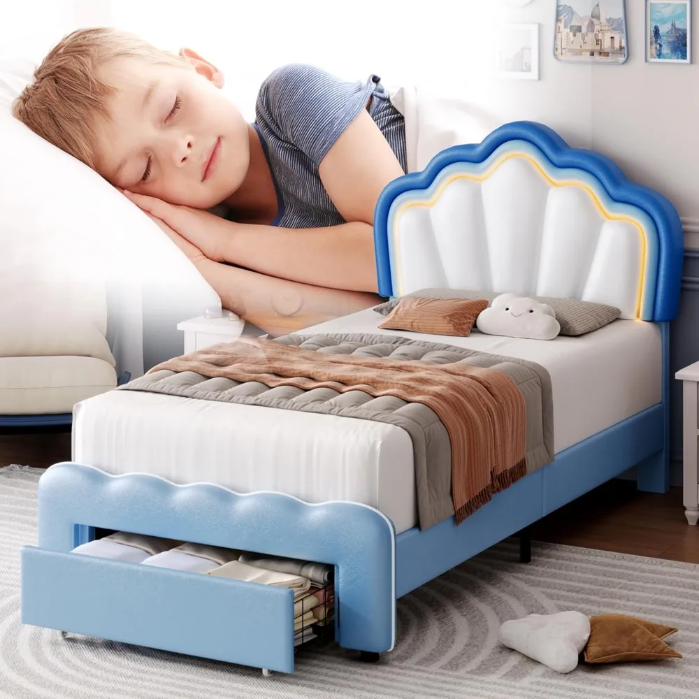 Bingkai tempat tidur LED berlapis kain kembar dengan laci penyimpanan, tempat tidur anak laki-laki dengan Headboard teratai dapat disesuaikan, bingkai tempat tidur Platform kulit imitasi