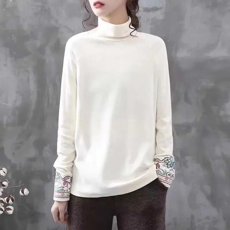 

Double-Sided Embroidered Velvet Base irt Women's Ethnic Sle f High Collar Long Sve T-irt Korean Loose Fit Regular...