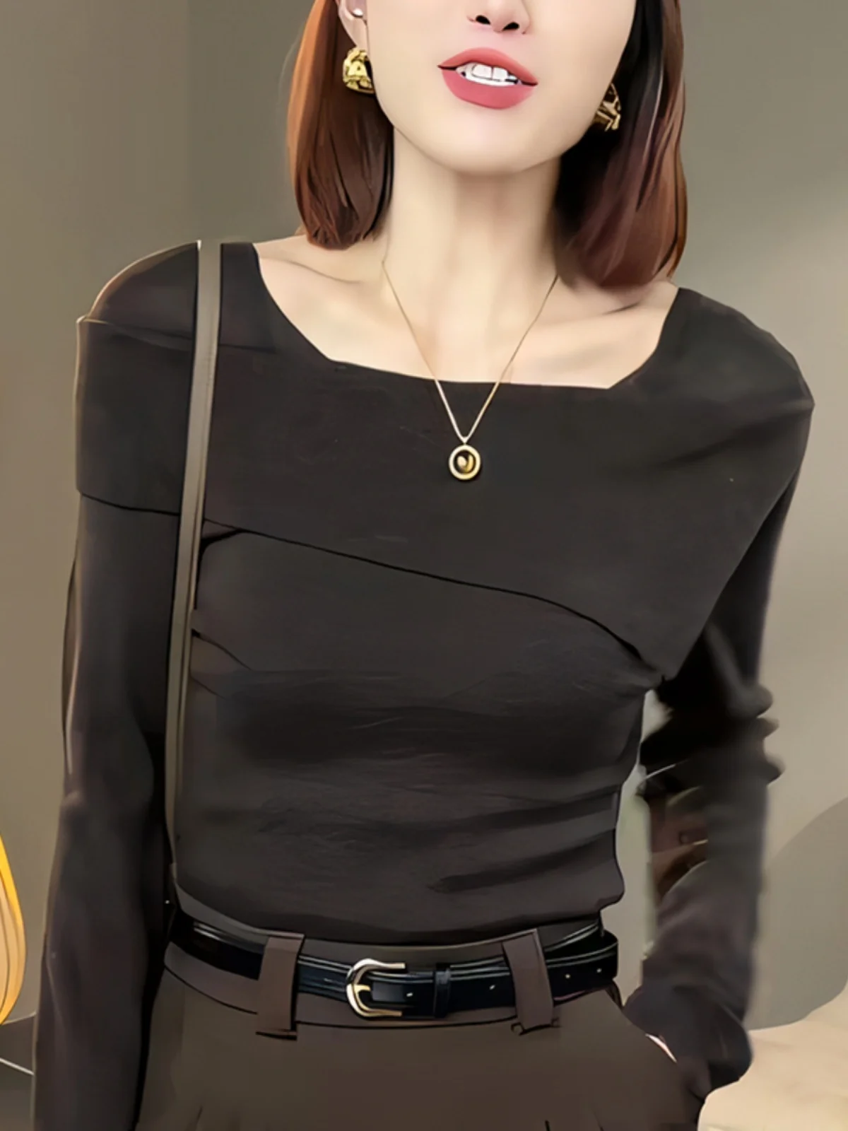 

Удобная футболка с длинным рукавом и круглым вырезом, базовый слой, новая осенняя модная модель, простой универсальный корейский стиль для повседневной носки