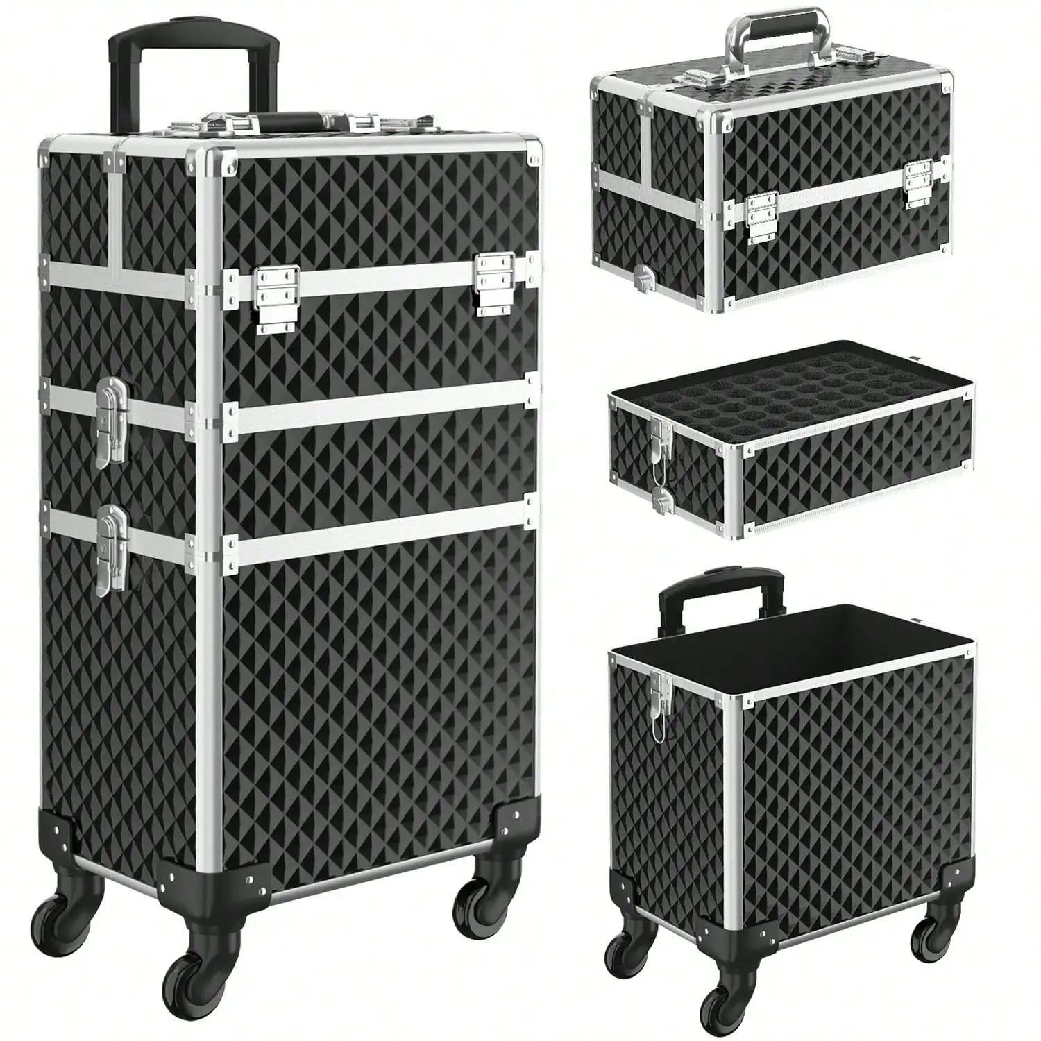 3 in 1 Rolling Makeup Train Case with Lock & Detachable Wheels, Large Cosmetic Trolley Organizer, Professional Cosmetology Case on Wheels for Salon Barber Nail Tech Travel, Black