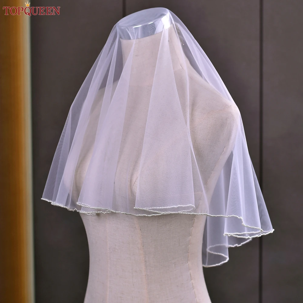 TOPQUEEN V173 Wedding Veil Shoulder Length Veil 2 Layers with Comb Blusher Bridal Veils Pearls Edge Dress Veil for Bride