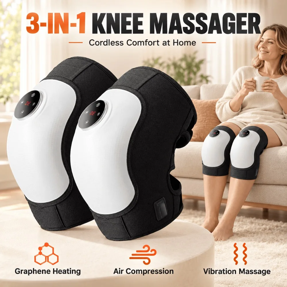 Smart Knee Massager, Electric Heating Vibration Air Compression, 5000mAh Cordless Design, 5 Timer Settings for Home Office Gift