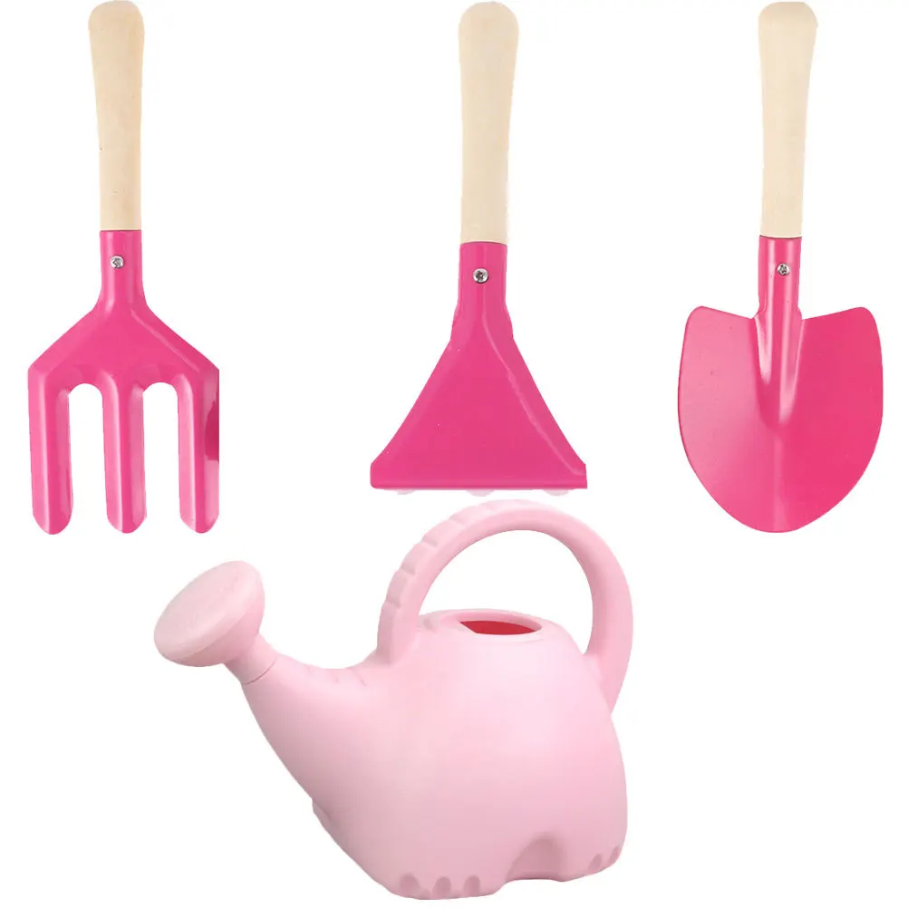 4Pcs Childrens Garden Tool Kit Durable Wood Handle Watering Can and Shovel for Kids Planting Indoor Outdoor Pink