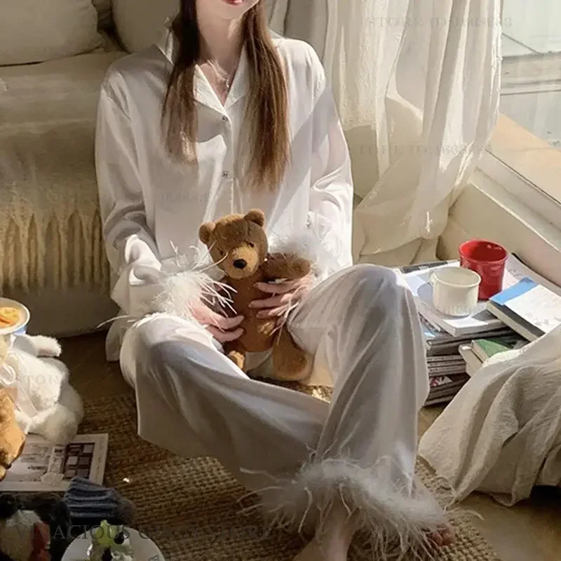 

Пижамы с перьями, комплект из 2 предметов, модная сексуальная женская одежда для сна, пижамный костюм, шелковый атлас, брюки с длинными рукавами, одежда для дома, свободная домашняя одежда