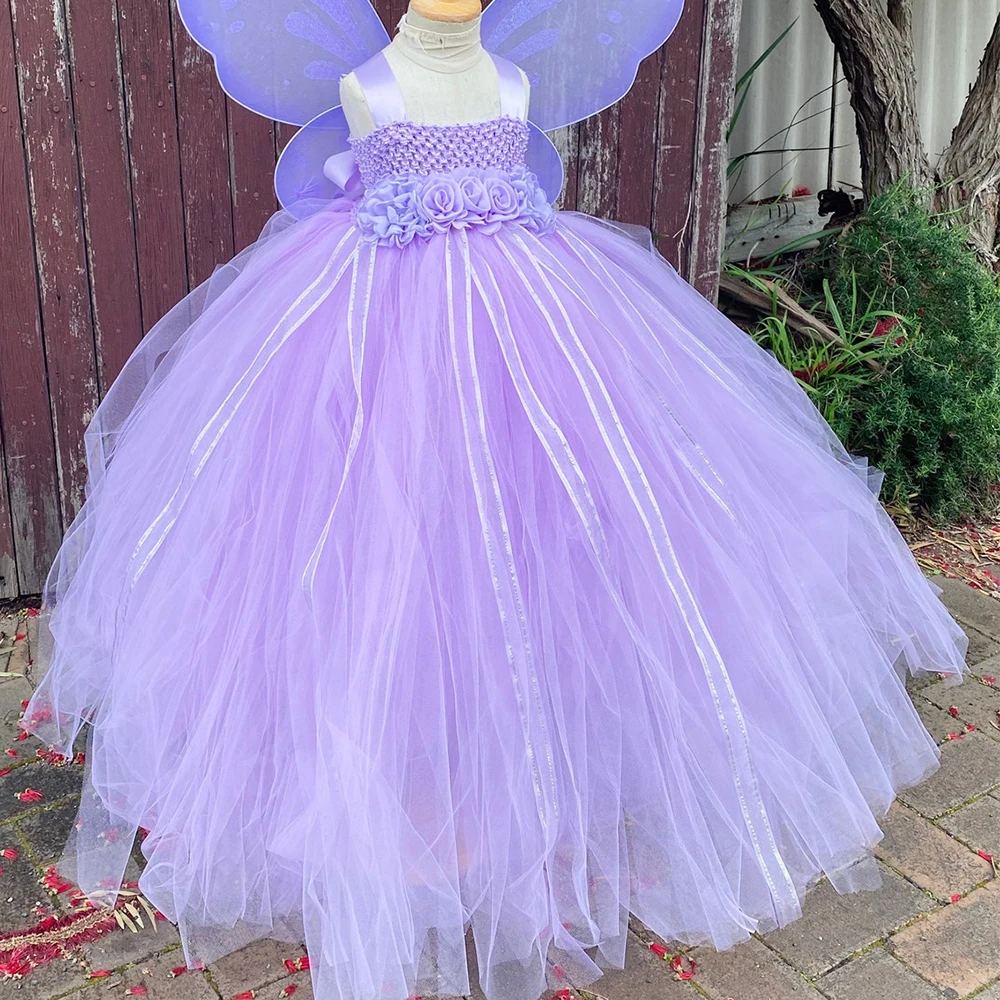 Ragazze lavanda farfalla fiore Tutu vestito bambini fata principessa abiti lungo abito da ballo con ala bambini festa di compleanno Costume