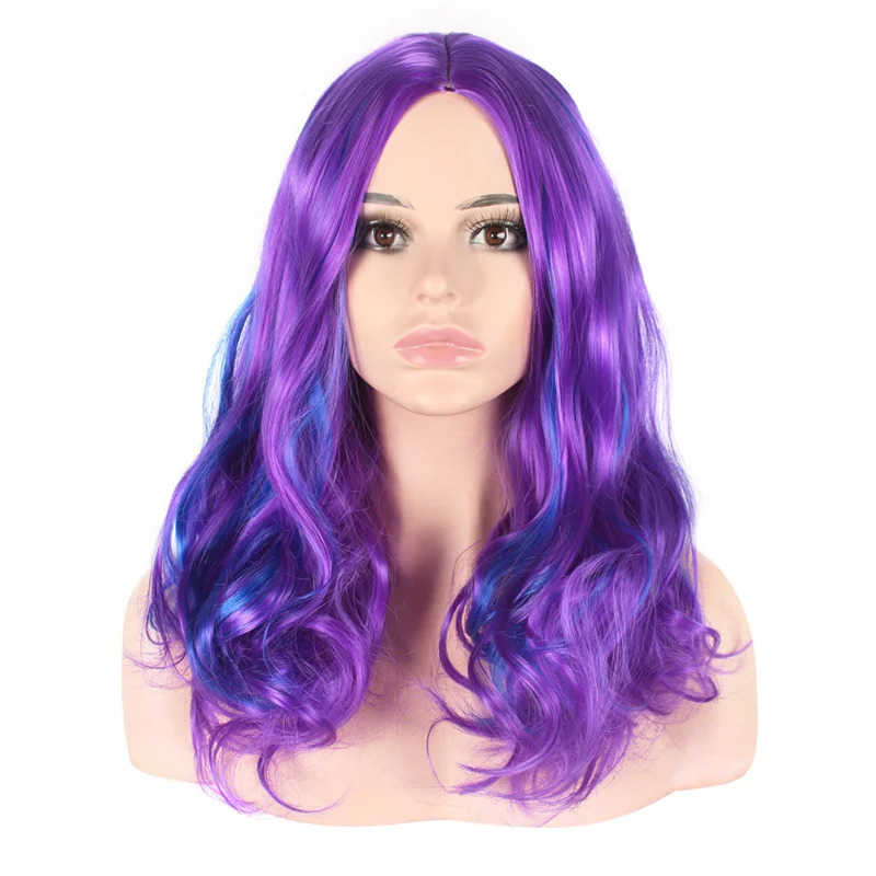 European and American style long curly wig for women, synthetic , purple-blue, high-temperature fiber, vintage full headpie