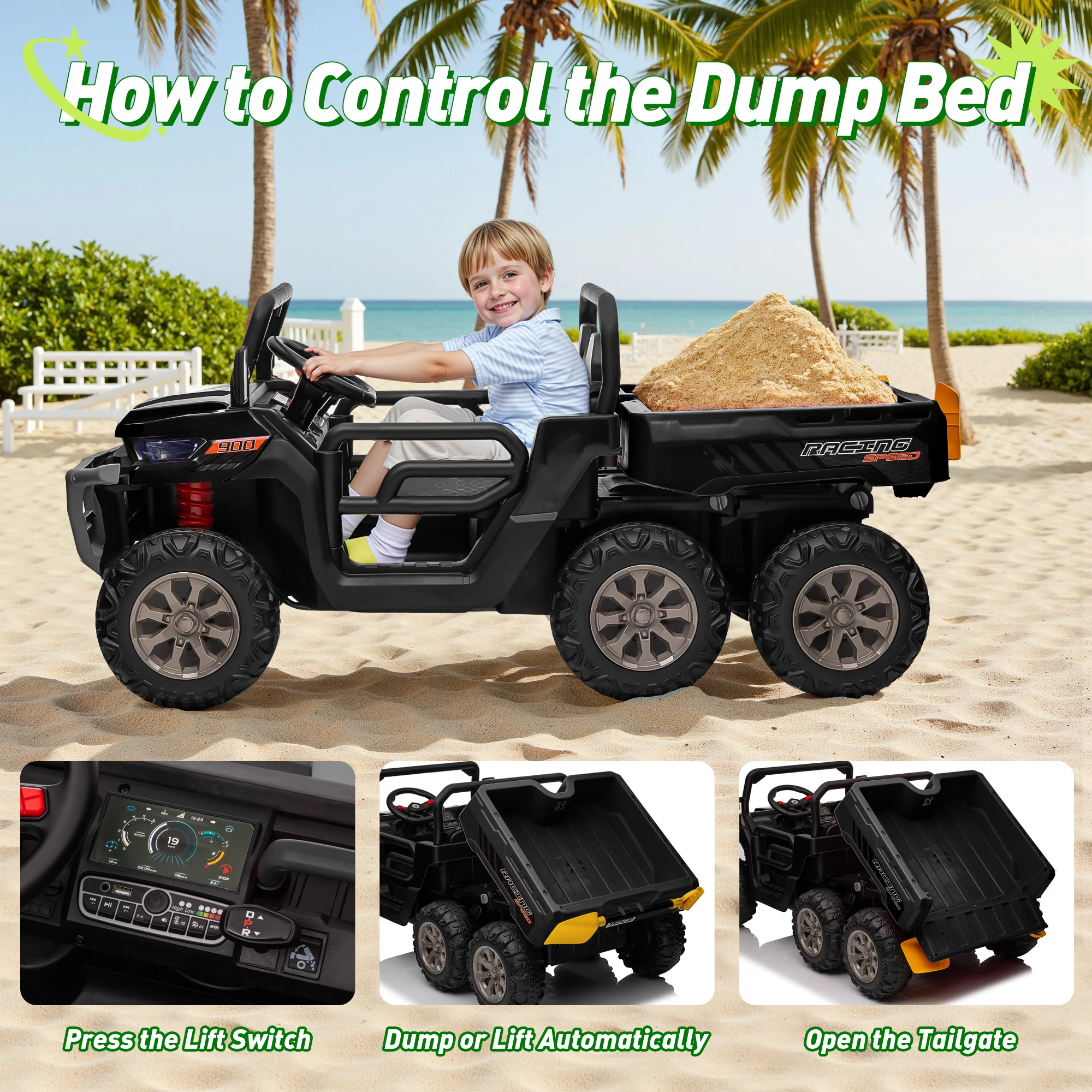 Passeio de brinquedos 24V, carro UTV de 2 lugares e 6 rodas, caminhão basculante 4WD para crianças grandes com controle remoto de reboque