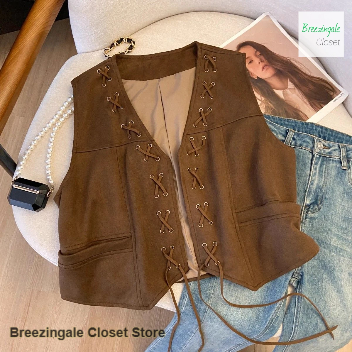 

French-style retro coffee-colored strap suede pony girl spring and summer national wind with short overlapping coat vest.