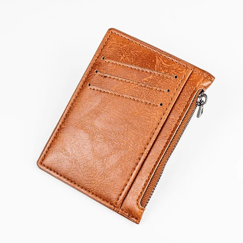 Cartera de cuero con cremallera para hombre, monedero Vintage, Delgado, corto, tarjetero de crédito