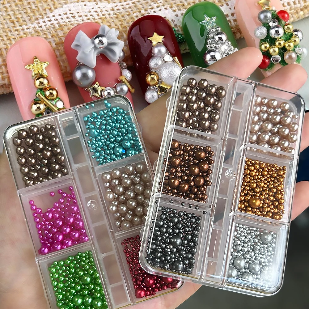 6 شبكات عيد الميلاد الملونة اللؤلؤ ثلاثية الأبعاد مسمار السحر مختلط الحجم الأخضر الأحمر عالية اللمعان اللؤلؤ مسمار حبة مهرجان مسمار الزينة أجزاء