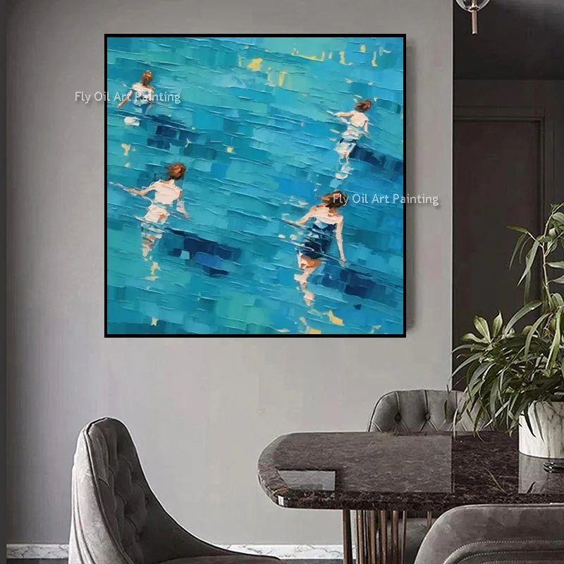 Oversized Hand‑Crafted Aqua Pool Figures Thick Canvas Wall Art Vibrant Figurative Oil Painting For Contemporary Interior Decor