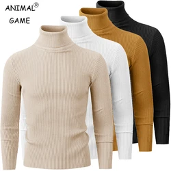 New Men's Turtleneck Knitted Sweater Long Sleeved Stripes Streetwear Autumn Oversized Black Sweaters Homme Solid Color Basic Top