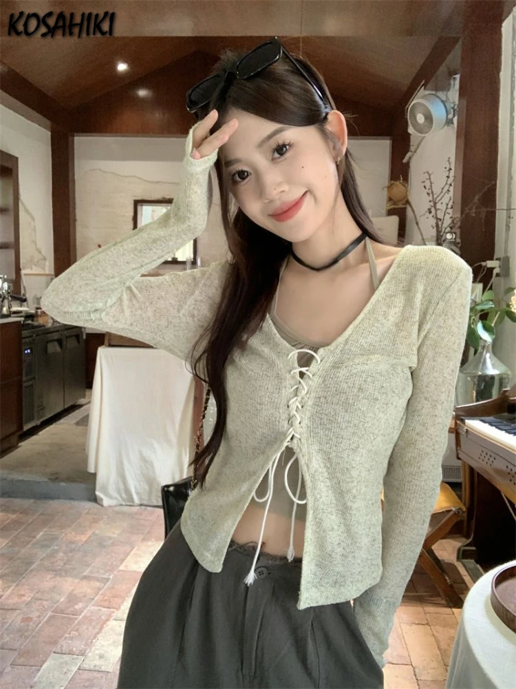 2024 Autumn Slim Fit Streetwear Two Pieces Set Women Grunge Knitted Bandage Tops + Sleeveless Halter Solid Vest Y2k Aesthetic