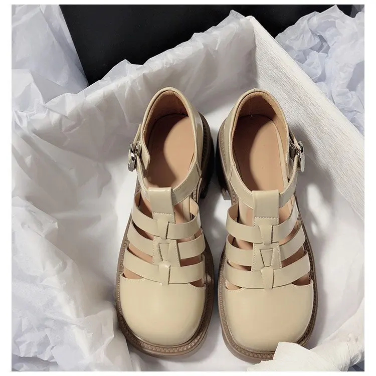 2024 Hot Sell New Baotou Sandals Women's Platform Roman Sandals Retro High Heels with A Line Button Hollowed Out Women's Shoes