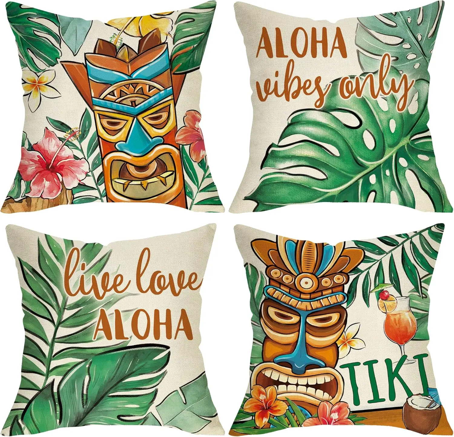 

4Pcs Tropical Beach Throw Pillow Covers with Hand Drawn Vintage Tiki Totem Floral Aloha Slogan Art Cushion Cases for Balcony