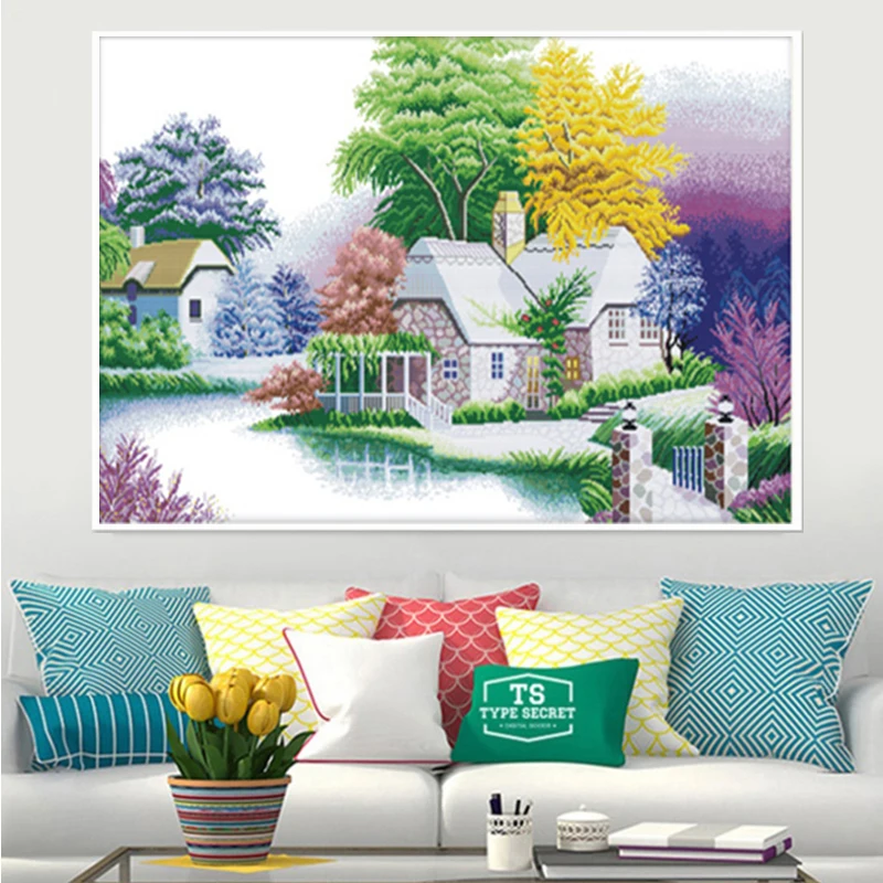 

Весенний набор для вышивки крестом, весенний пригородный деревянный дом, сделай сам, инструмент для вышивания, аксессуары, наборы, подарок для взрослых