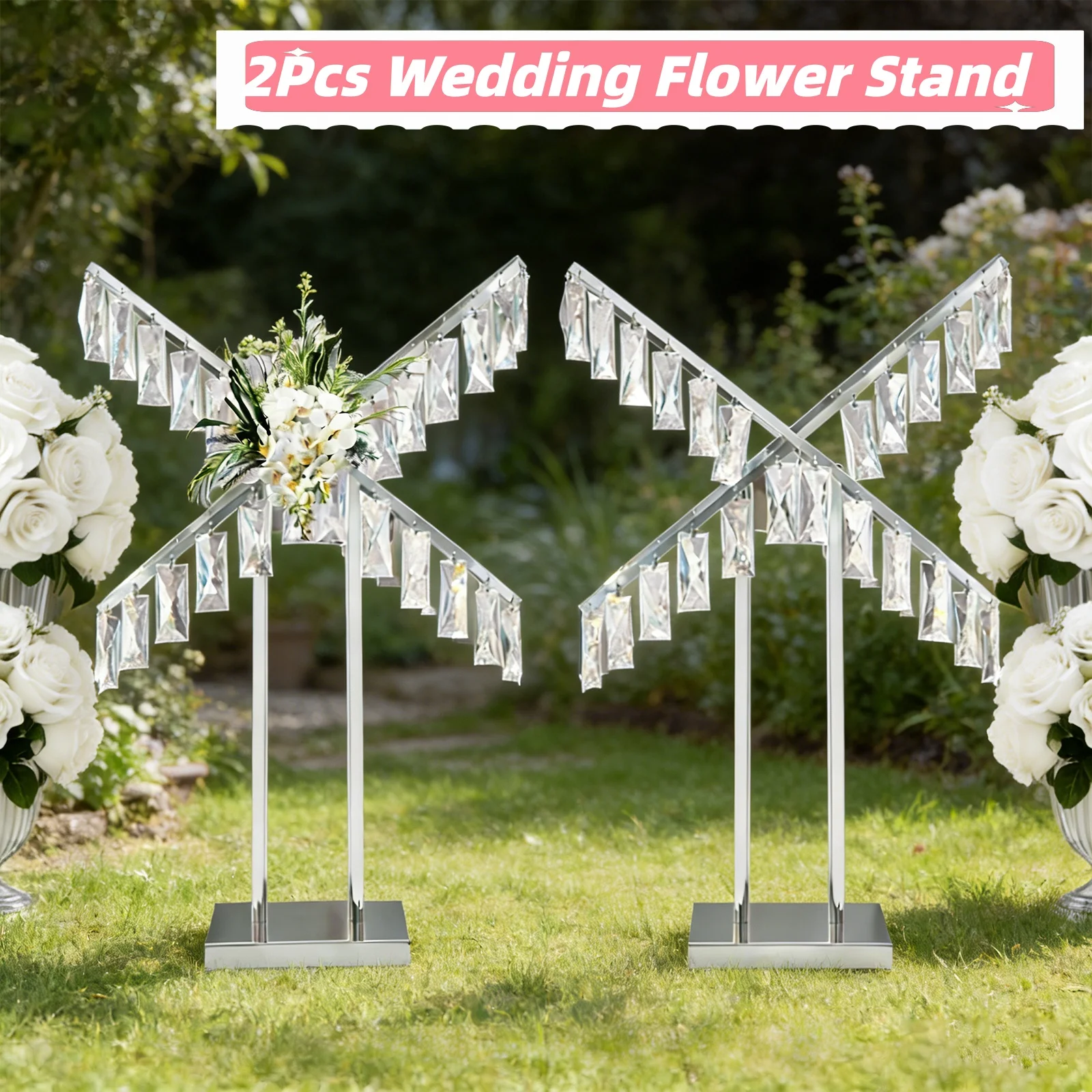 2Pcs Wedding Crystal Flower Stand with Hanging Pendants X-Shaped Flower Centerpiece for Wedding Birthday Party Balcony Celebration 47*77CM