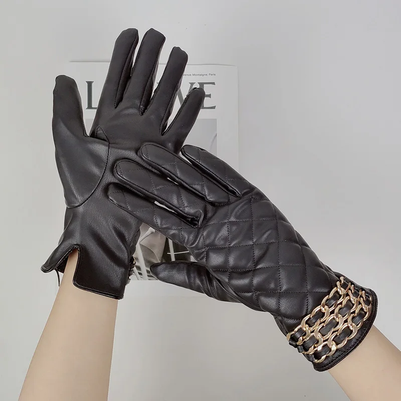 Women Black Chain Thickened Plush Inside Grid PU Artificial Leather Glove Sexy Female Nightclub Dance Punk Performance Mitten
