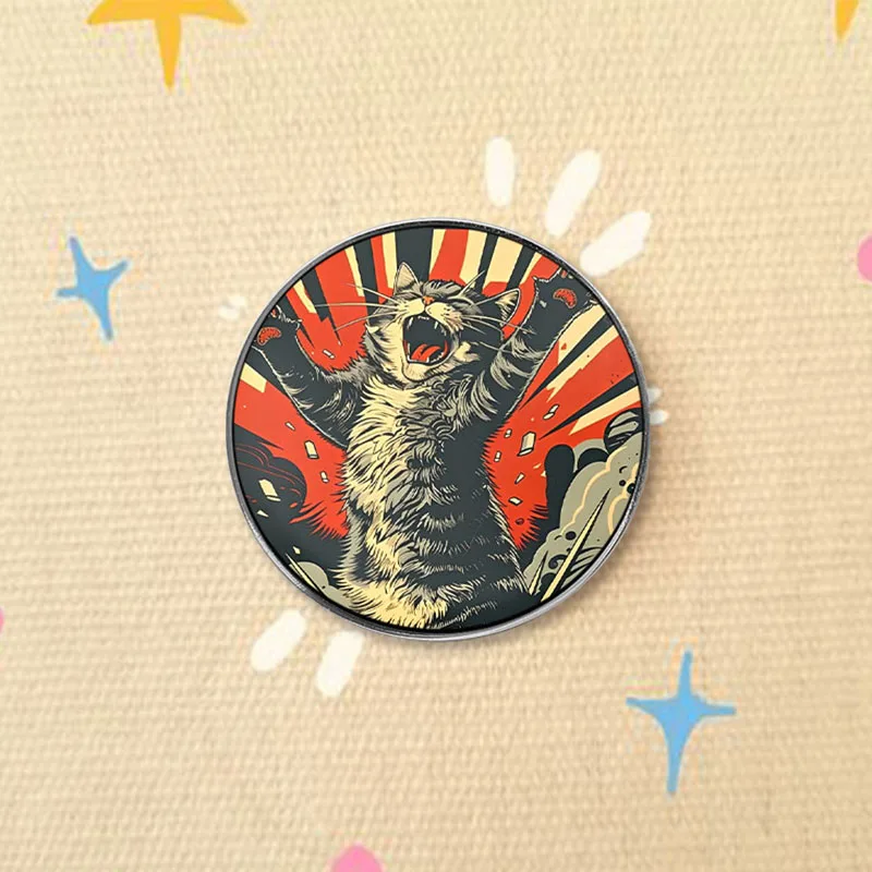 Giant Monster Cat UV Printing Pin Retro Promotional Posters Featuring Animals Brooch for Jacket Backpack Lapel Badge Gift