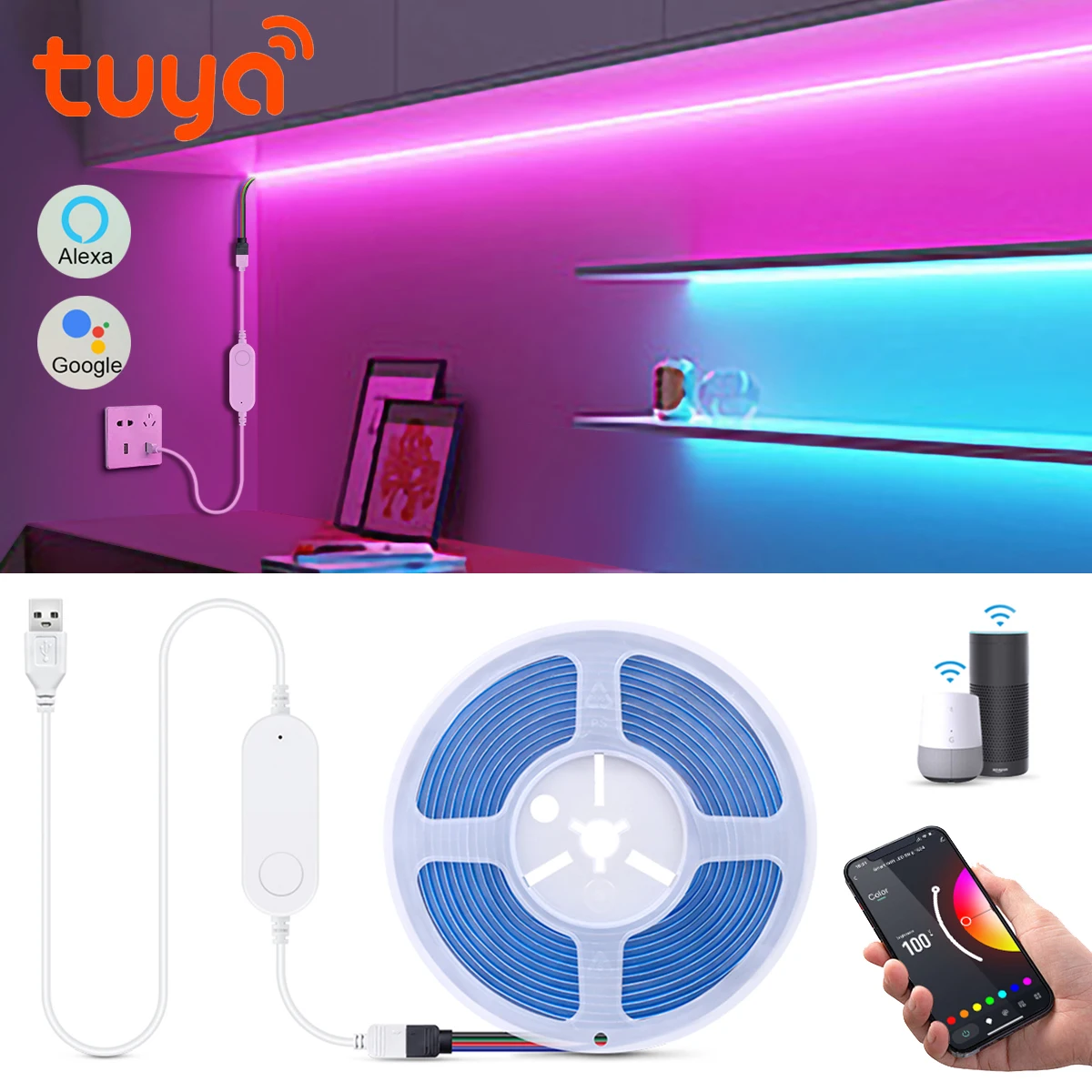 

Tuya Wifi RGB USB Led Light Strips 5V COB Led Tape Dimmable For TV Smart Backlight Lighting Works With Alexa Google Home Voice