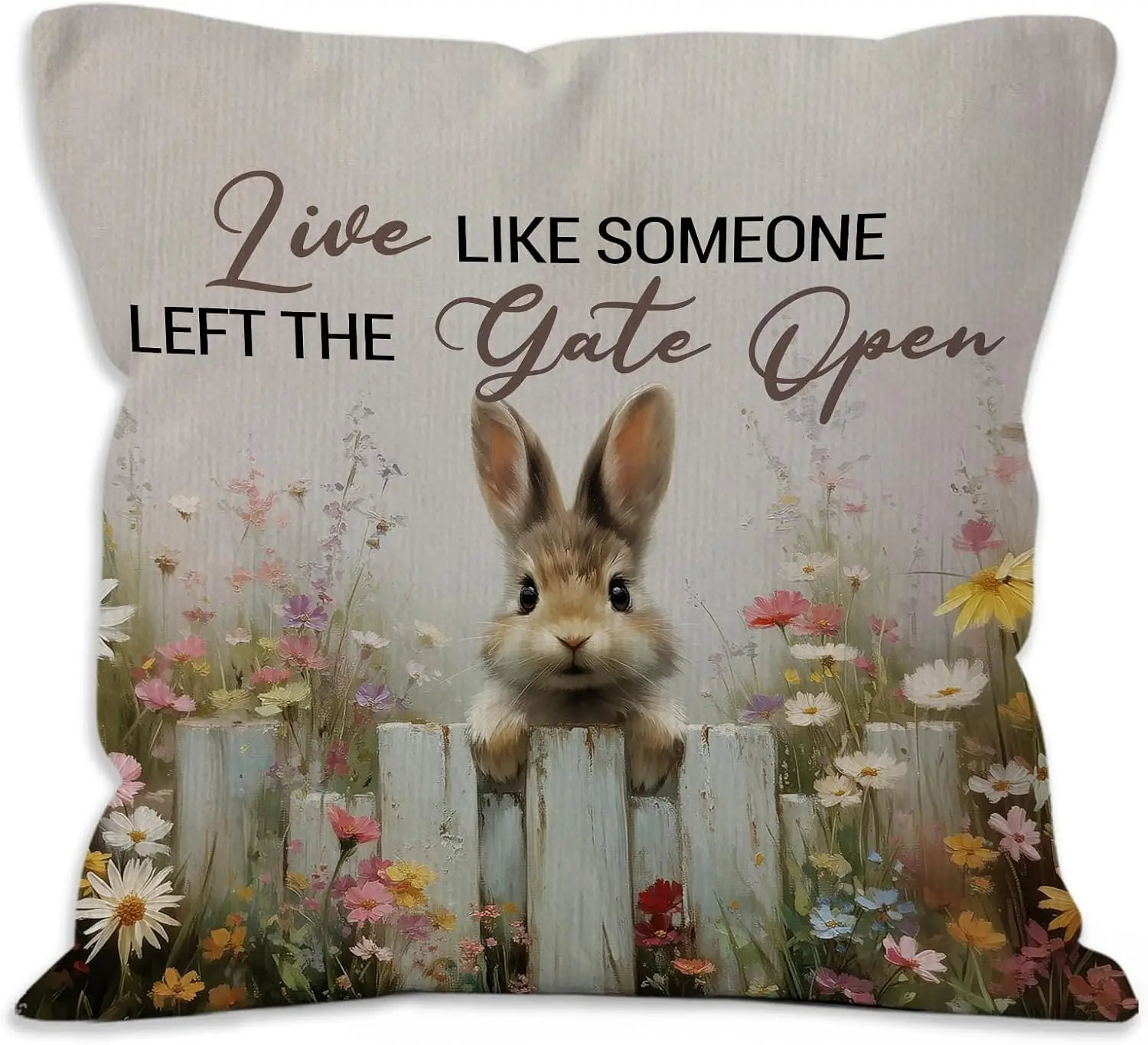 Decorative Bunny Floral Pillowcase Throw Cushion Cover Cottagecore Spring Quote Print 18x18 Inch Home Decor