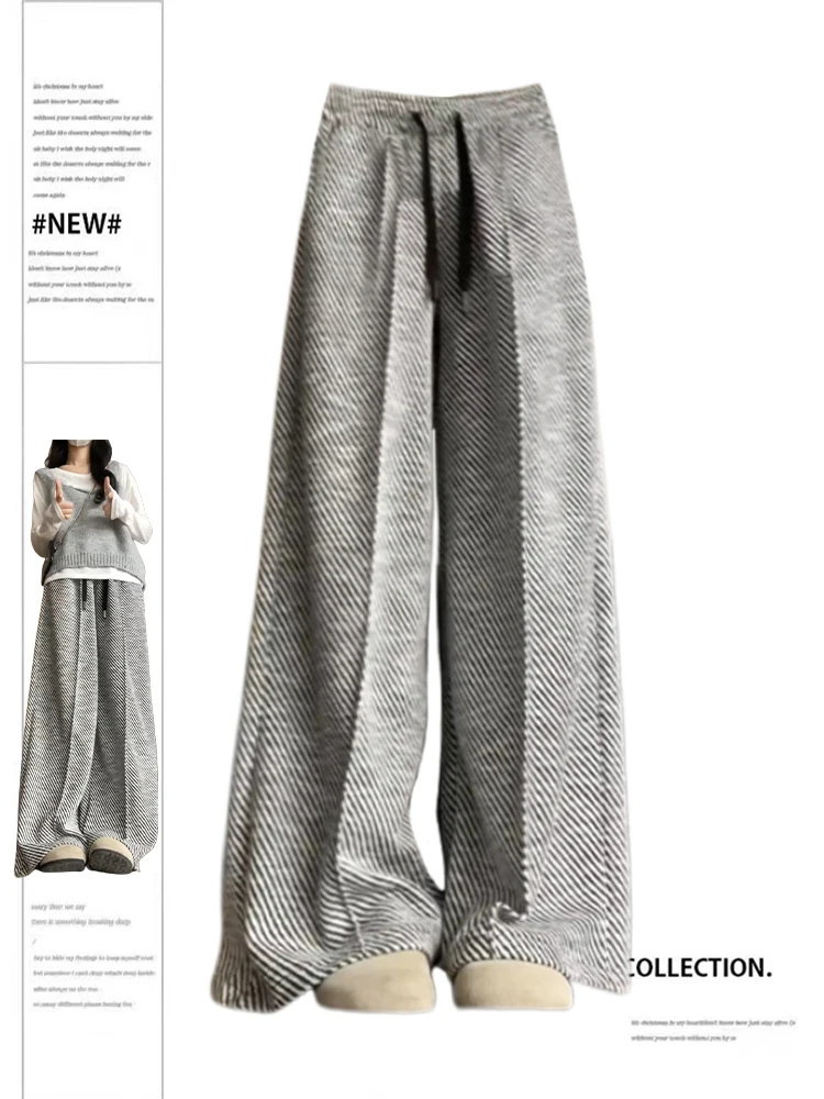 Women Grey Baggy Striped Pants Harajuku Streetwear 90s Fashion Y2k High Waist Pants Vintage Wide Trousers Oversize Clothes 2024