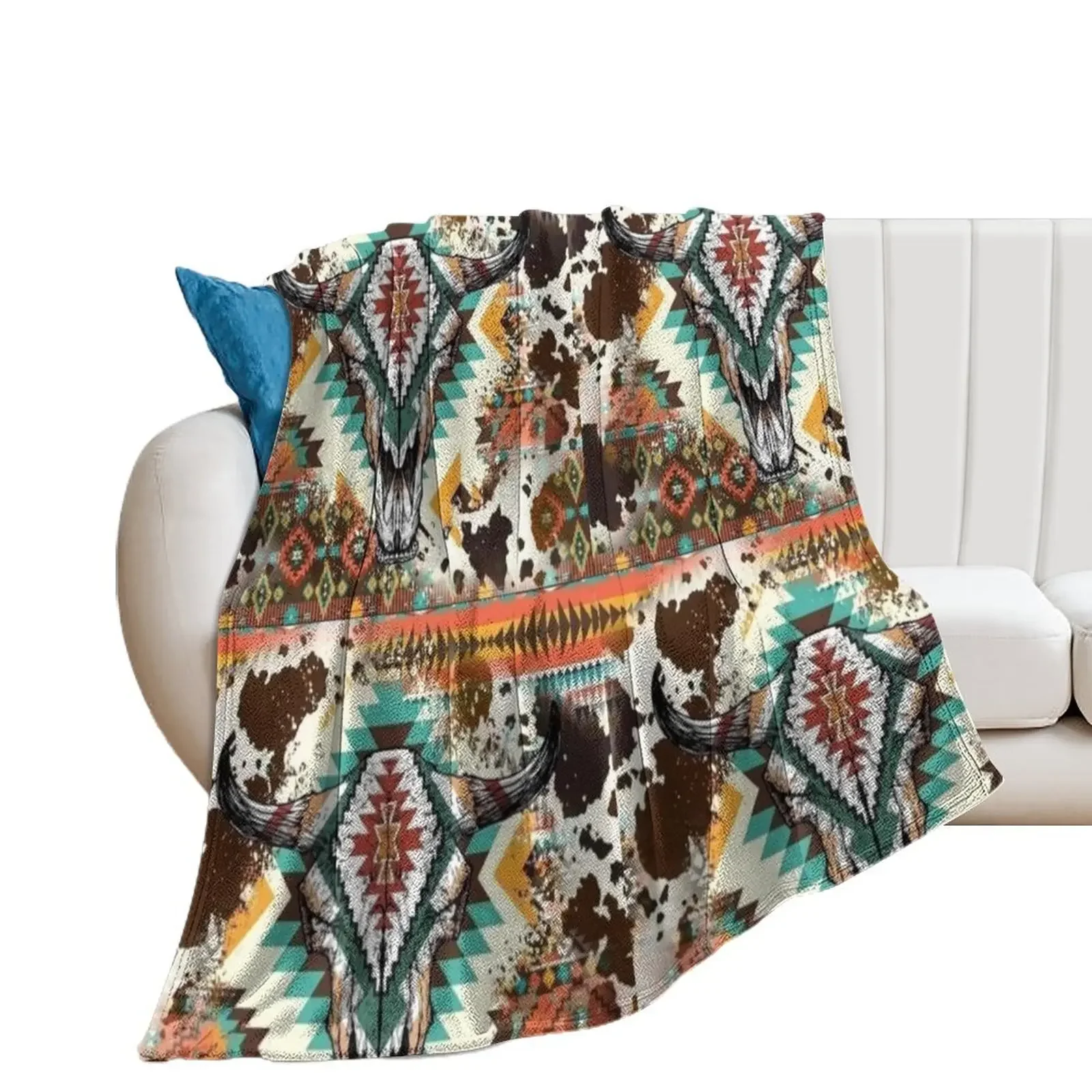 

Aztec Cow Print Bull Skull Throw Blanket for sofa Moving Flannel Fabric Blankets