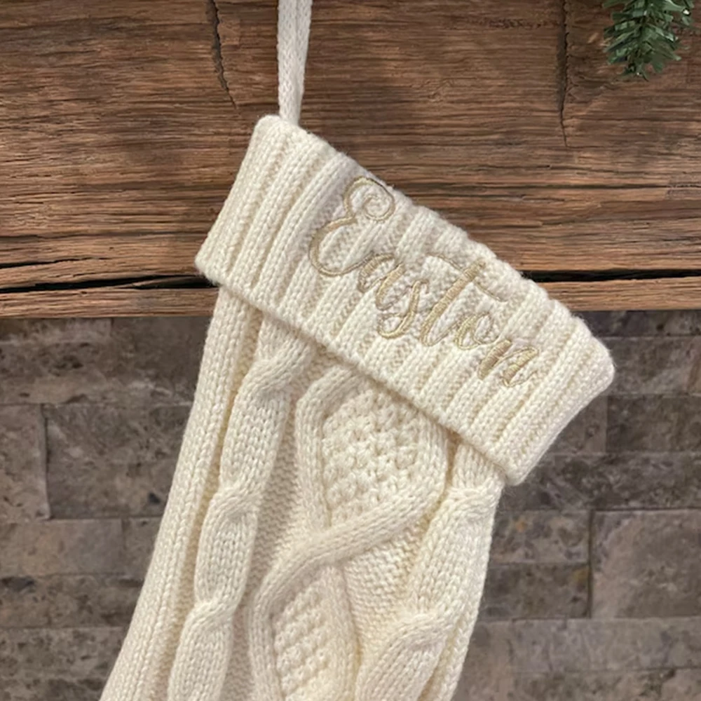 

Personalized Embroidered Christmas Stocking Red Green Beige Cable Knit Stocking Customized Holiday Gift Socks with Name